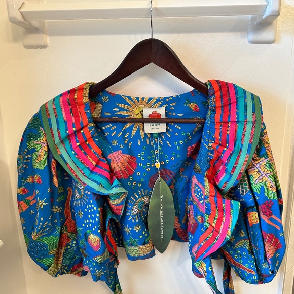 Farm Rio Blue Ocean Stories Wrap Blouse XS NWT - Picture 2 of 3
